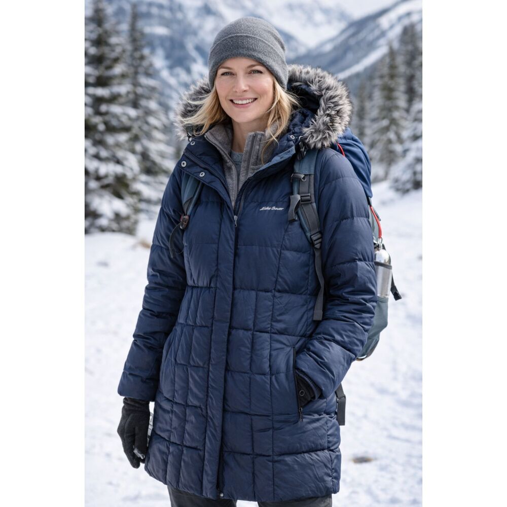 Eddie Bauer Blue Goose Down Long Puffer Jacket Parka Coat  Women's Size Large